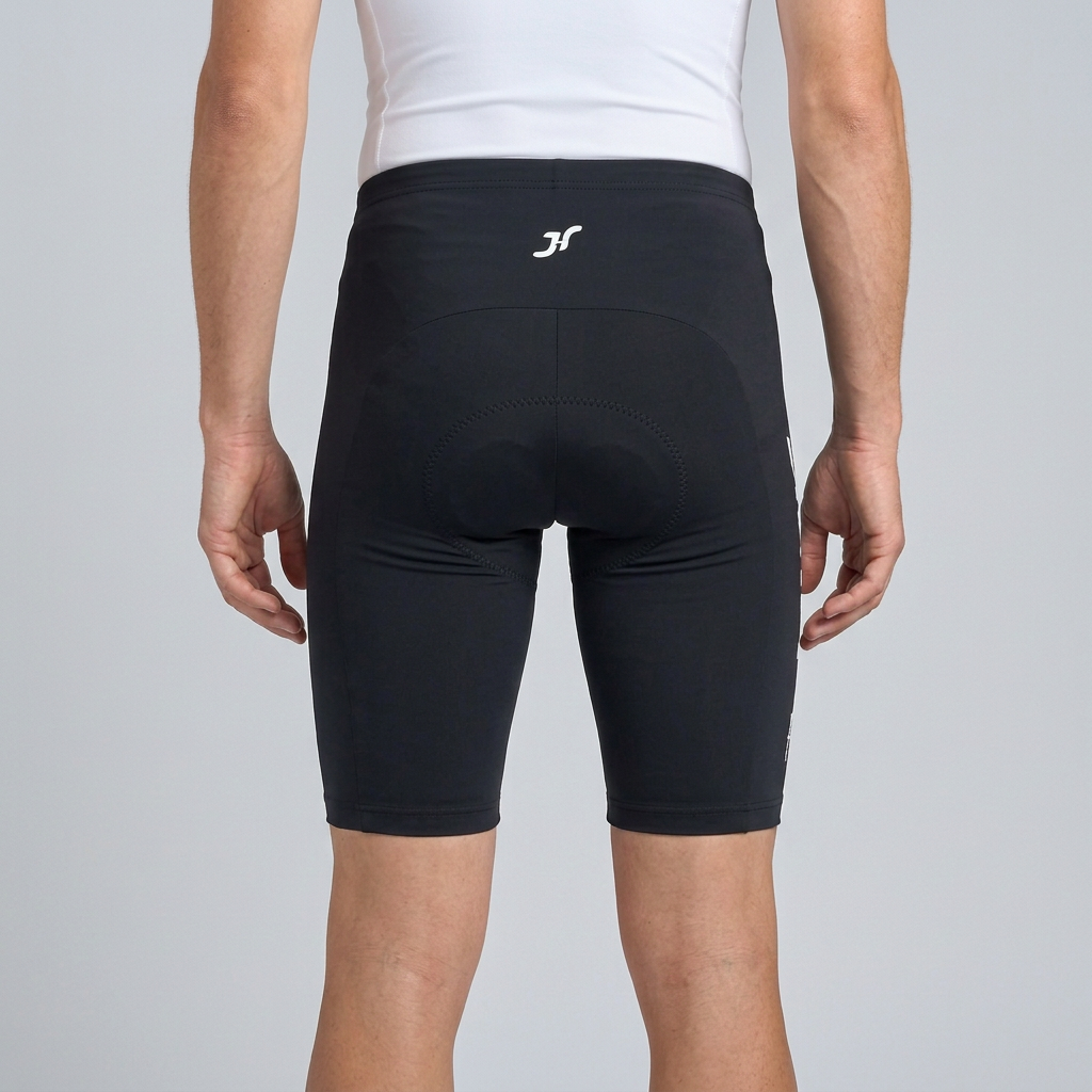 Gerade Hinteransicht der Herren-Radhose nach deiner Originalvorlage auf grauem Studiohintergrund