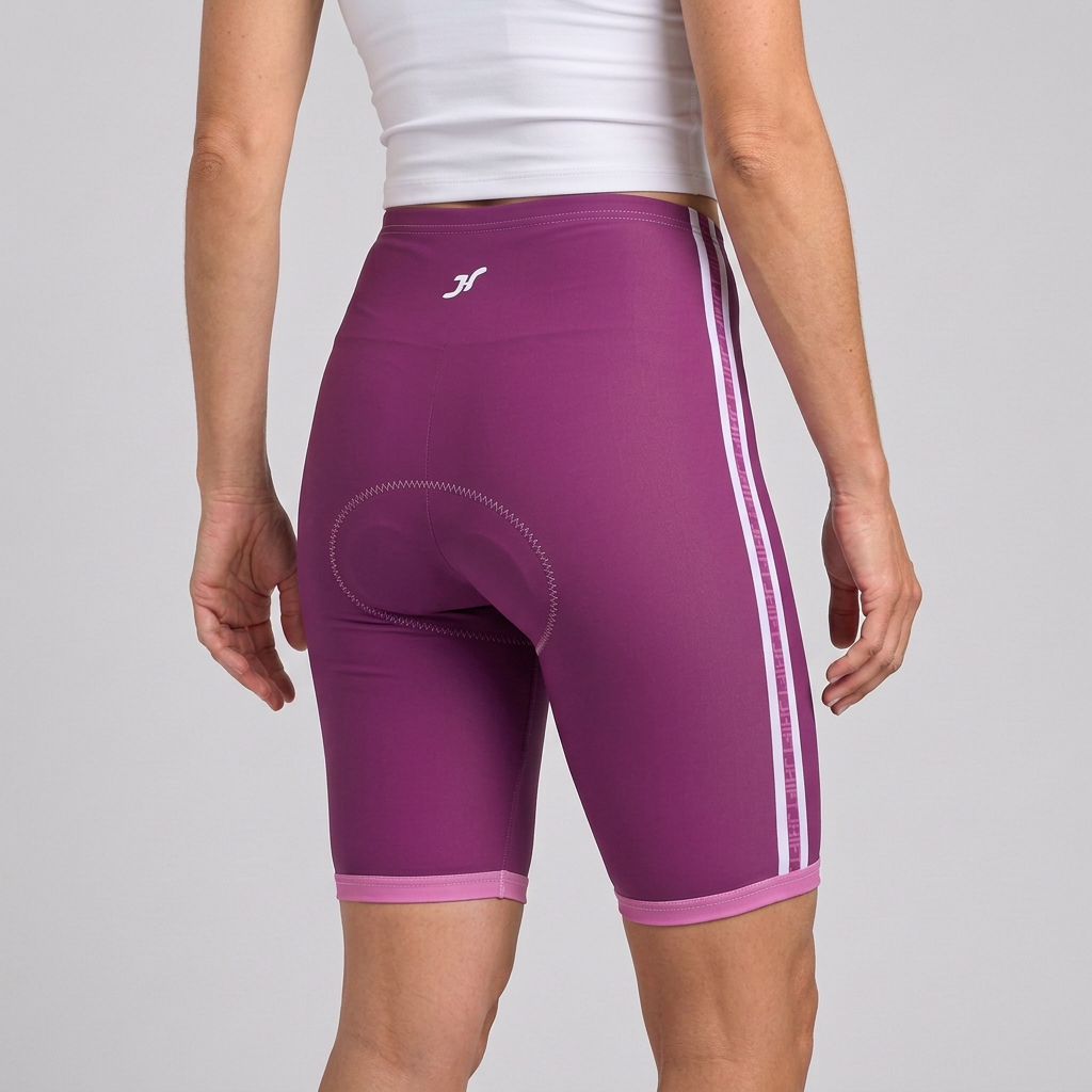 Lila Radhose mit weißem Shirt schräg von hinten