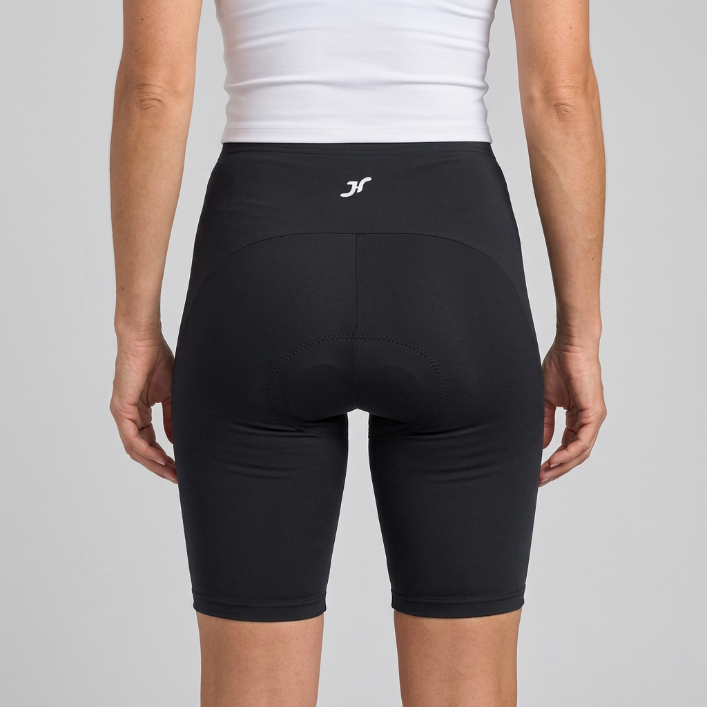 Nahe Rückansicht der schwarzen Radhose mit sichtbarem Logo am Bund