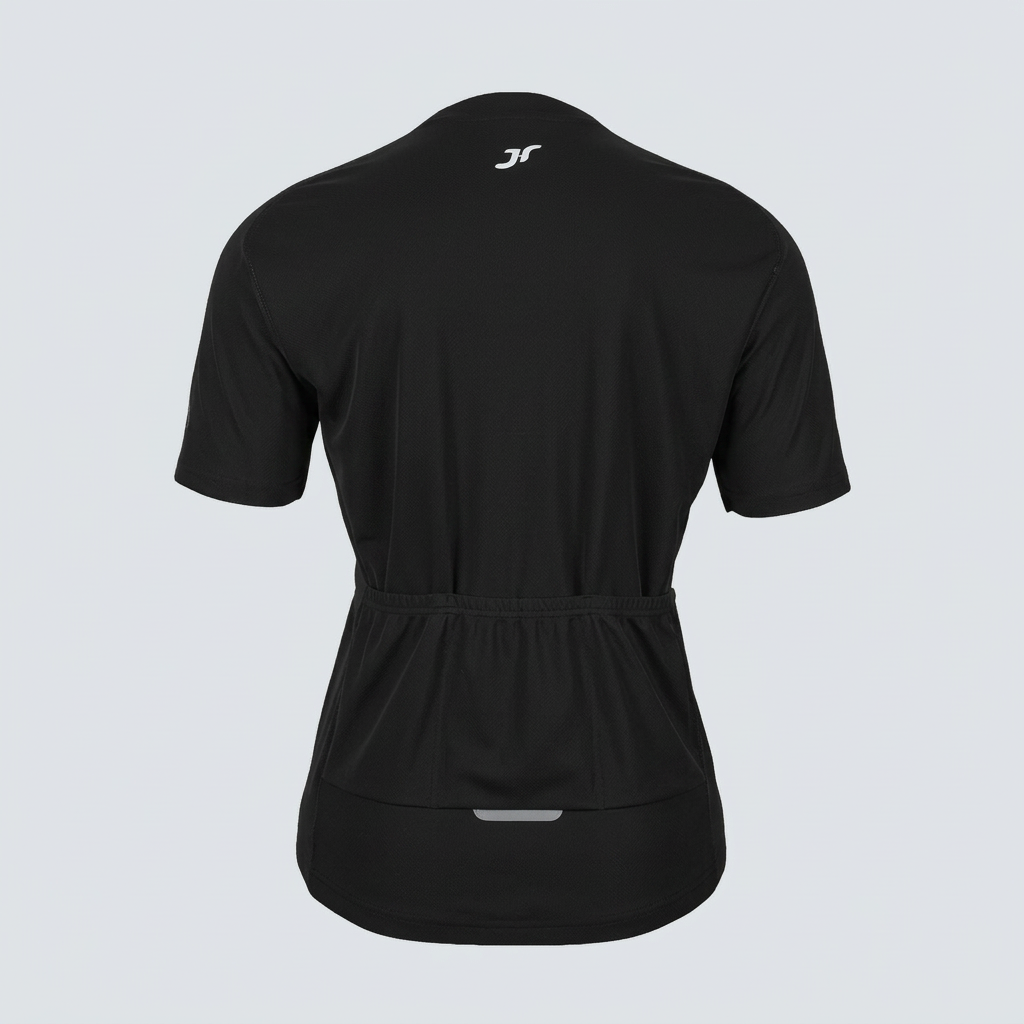 Schwarzes Herrentrikot in Rückansicht auf grauem Studiohintergrund