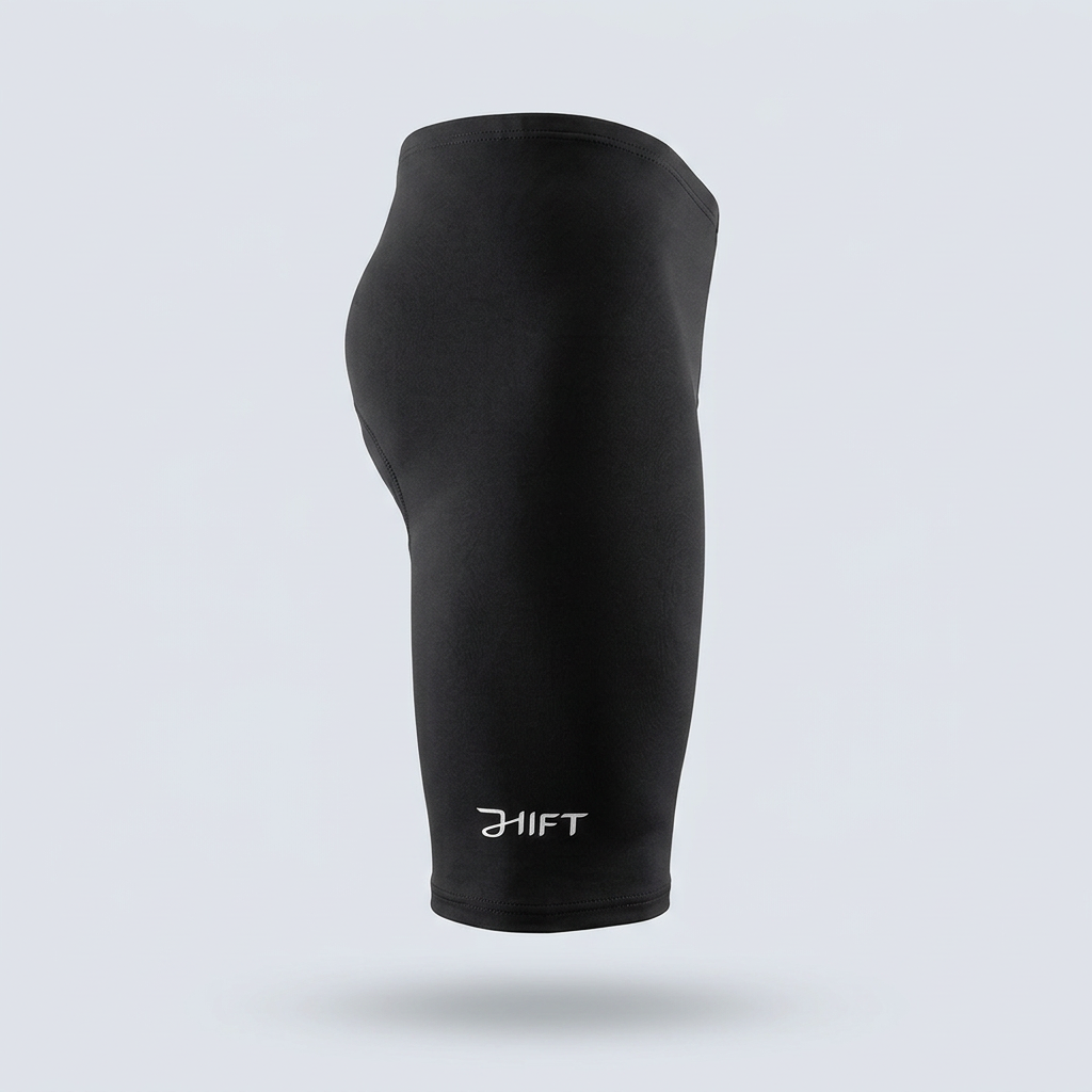 Seitenansicht der schwarzen Radhose mit JHIFT-Schriftzug