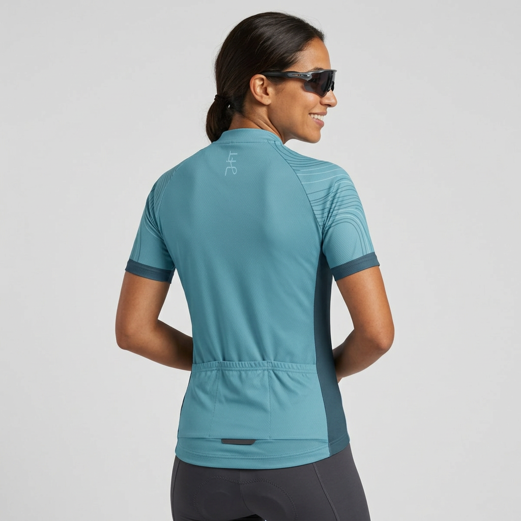 Türkises Damenradtrikot hinten seitlich am Model